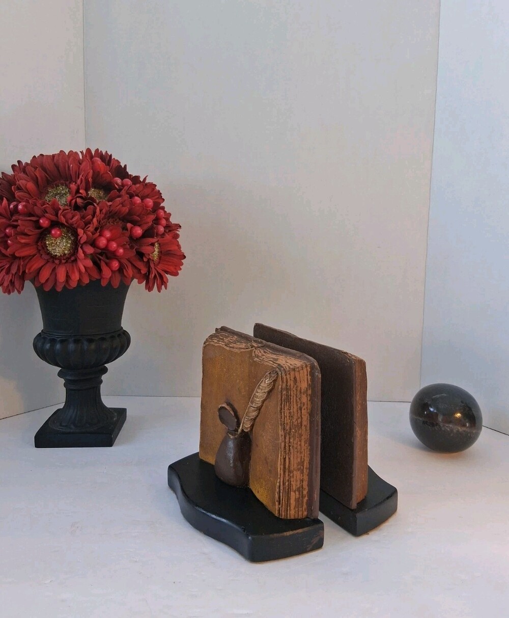 VTG Syroco Wood Bookends Open Book Quill Pen Inkwell Mid Century Library Decor
